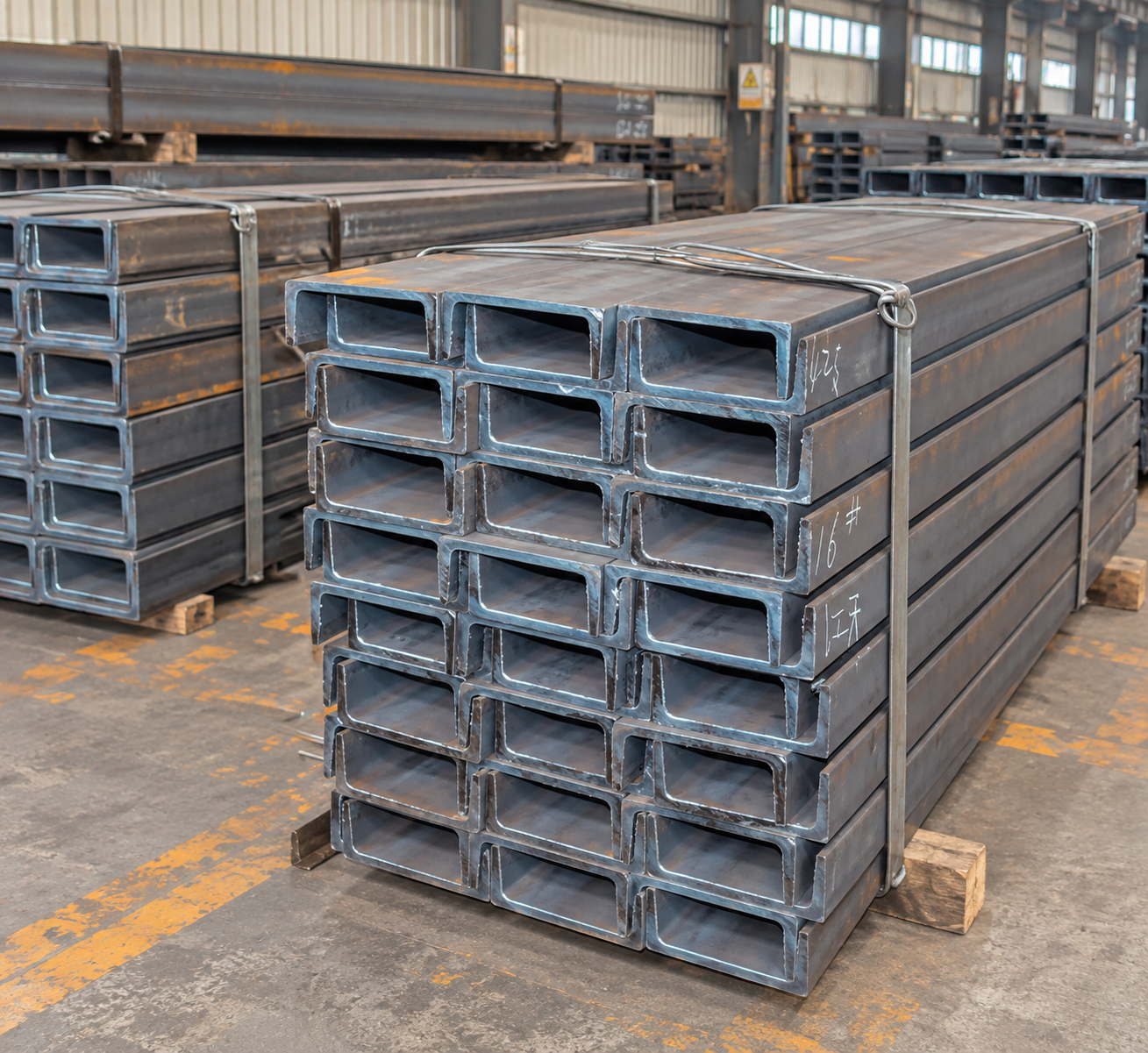 Structural steel columns, C-channels, and hydra crane loading in stockyard